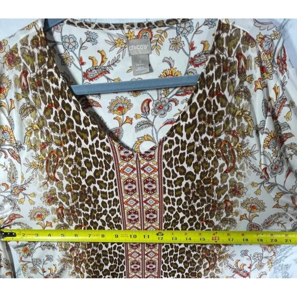 Chicos Leopard & Floral Print 3/4 Sleeve Top Size 2 Polyester Spandex Blend Boho - Picture 4 of 8